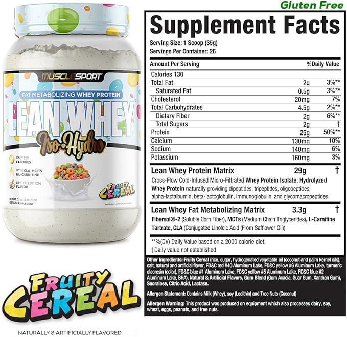 Musclesport Lean Whey Revolution??Protein Powder - Whey Protein Isolate - Low Calorie, Low Carb, Low Fat, Incredible Flavors - 25g Protein per Scoop (2lb, Fruity Cereal)