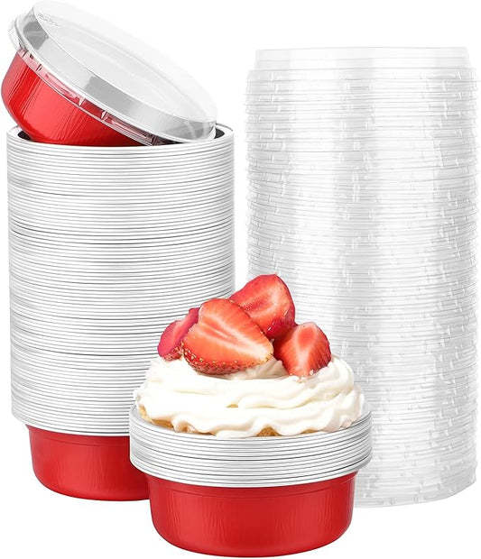 Beasea Disposable Baking Cups With Lids, 100 Pack 8.8oz 260ml 4 Inch Aluminum Foil Ramekins Round Baking Mini Cupcake Oven Cups for Party - Red
