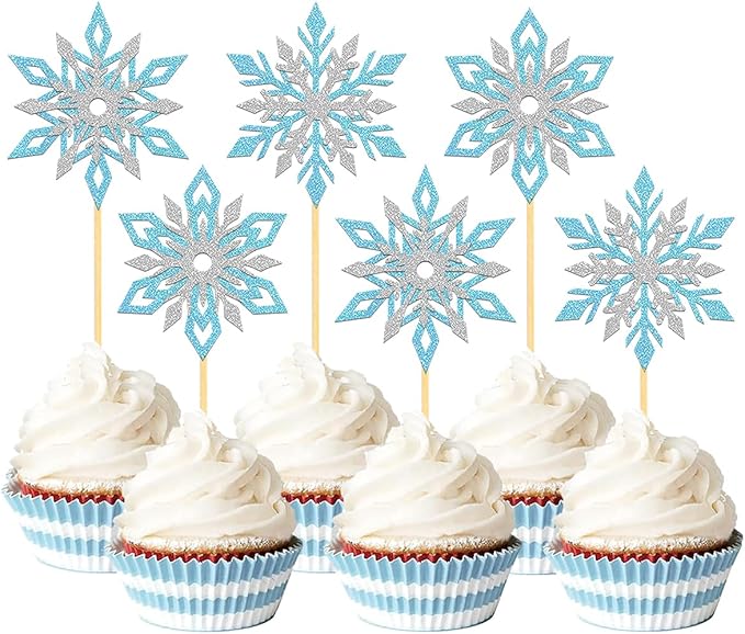 24PCS Glitter Snowflake Cupcake Toppers for Snowflake Decorations, Frozen Snowflake Cake Topper, Christmas Snowflake Cake Picks for Winter Decorations (Mix Blue)
