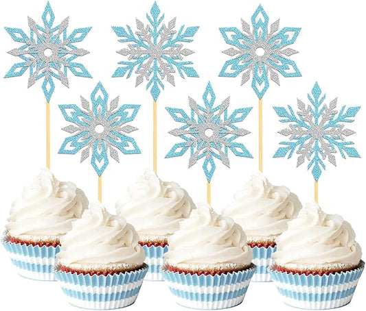 24PCS Glitter Snowflake Cupcake Toppers for Snowflake Decorations, Frozen Snowflake Cake Topper, Christmas Snowflake Cake Picks for Winter Decorations (Mix Blue)