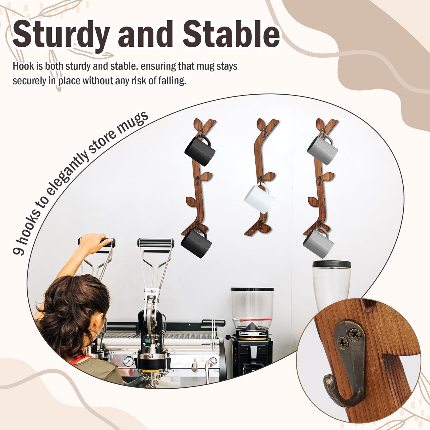 MSHUNKEJI 3 Pack Wood Coffee Mug Wall Rack with 9 Hooks Wall Mount Coffee Cup Holder Wooden