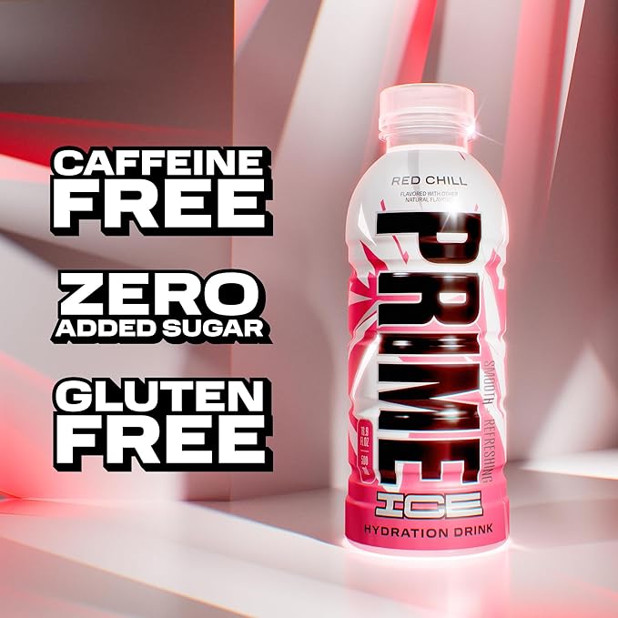 PRIME Hydration ICE RED CHILL, Sports Drinks, Electrolyte Enhanced for Ultimate Hydration, 250mg BCAAs, B Vitamins, Antioxidants, Low Sugar, 16.9 Fl Oz, 12 Pack