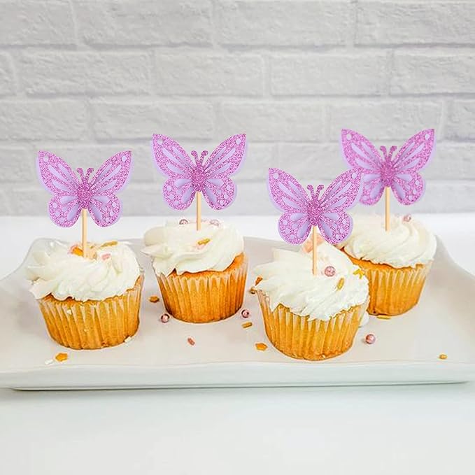 24PCS Butterfly Cupcake Toppers 3D Double Layers Hollow Cupcake Picks Baby Shower Cake Decorations Supplies for Butterfly Theme Wedding Anniversary Baby Shower Party Purple
