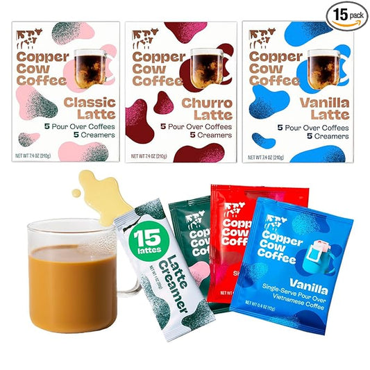 Copper Cow Premium Vietnamese Ground Coffee Variety Pack (15 Coffees & 15 Creamers)| Classic Black, Churro, & Vanilla Latte | Pour Over Single-Serve Lattes, No Refrigeration Needed