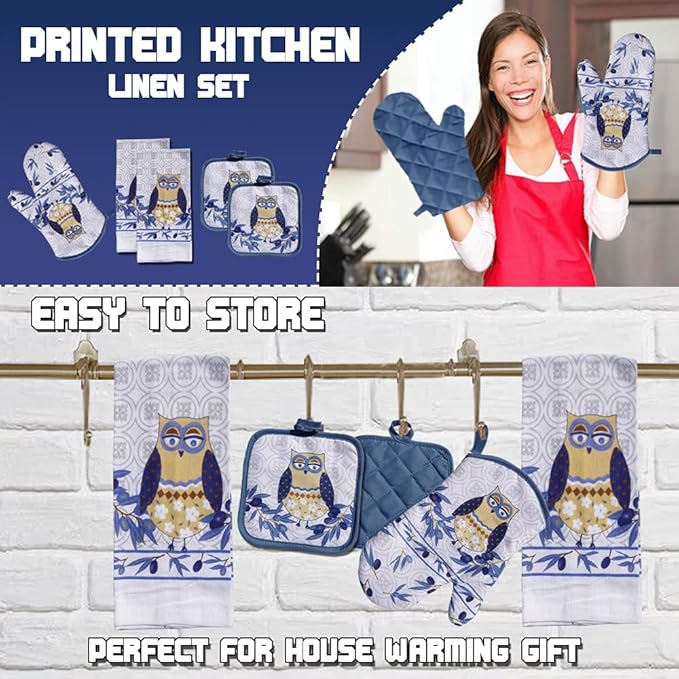 Lobyn Value Packs: Whimsical Blue Owl 5 Piece Kitchen Towel Set, includes 2 Decorative Dish Towels, 1 Oven Mitt & 2 Potholders for Enchanting Style