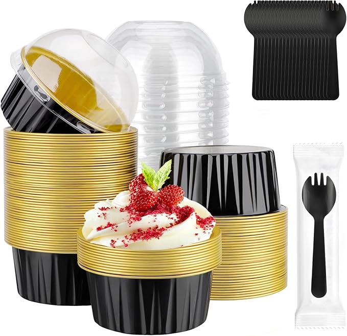 EUSOAR Creme Brulee Ramekins Disposable, 60pcs 5oz Foil Baking Cups with Lids and 60pcs Sporks Individually Wrapped, Disposable Foil Ramekins with Lids for DIY Picnic Wedding Birthday Party Favor