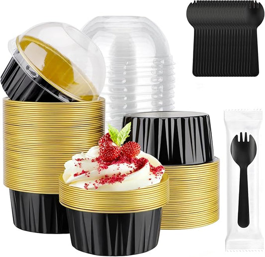 EUSOAR Creme Brulee Ramekins Disposable, 60pcs 5oz Foil Baking Cups with Lids and 60pcs Sporks Individually Wrapped, Disposable Foil Ramekins with Lids for DIY Picnic Wedding Birthday Party Favor
