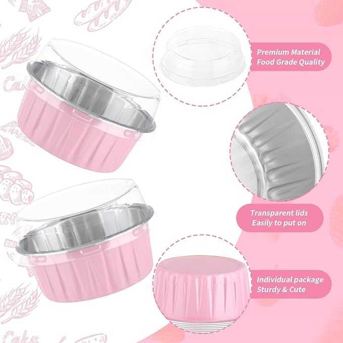 100Pack Alluminum Cupcake Containers, 5oz Dessert Cups with Lids, Mini Cake Pans With Lids&Spoons for Gift Holiday Birthday Party Cake Baking Sales Mini Storage Box Stackable Portable (pink)