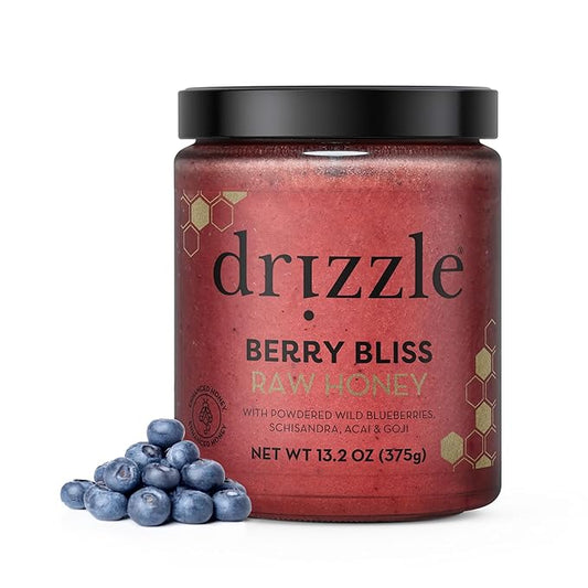 Drizzle Berry Bliss Raw Honey - All Natural Pure Raw Honey with Organic Blueberry, Unfiltered & Unheated, Use in Tea & Coffee, Sugar Substitute, Certified Kosher - 13.2 oz Jar (375 g)