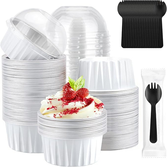 EUSOAR Mini Cheesecake Pans and Disposable Sporks, 120pcs 5oz Creme Brulee Ramekins Disposable, Foil Muffin Cupcake Liners Ramekins Baking Cups with Lids for Party Wedding Birthday Picnic Gathering