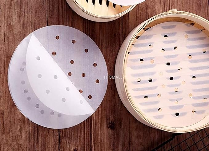 200pcs Air Fryer Liners, 10 inches Bamboo Steamer Liners, Premium Perforated Parchment Steaming Papers, Non-stick Steamer Mat Liner for Air Fryers Baking Cooking Oven