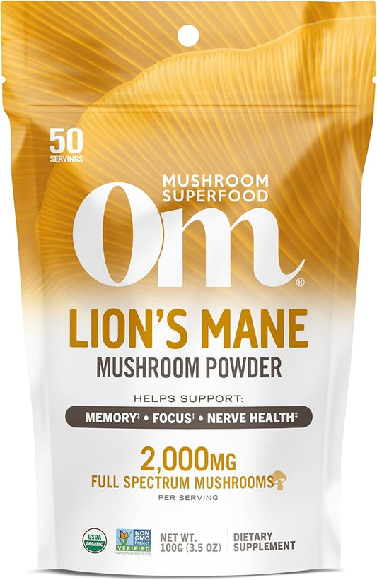 OM MUSHROOM SUPERFOOD Lion's Mane Organic Mushroom Powder, Improves Memory, Focus, Clarity, Nerve