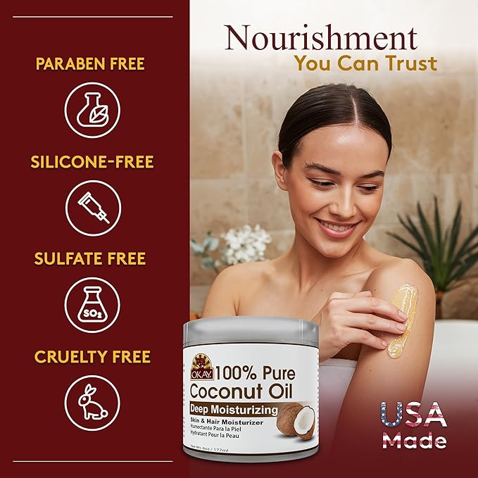 Okay 100% Pure Coconut Oil for Hair & Skin - Coconut Oil for Women & Men, Perfect for Body & Face, Natural Massage Oil & Moisturizer - 6 Fl Oz Jar (Pack of 2)