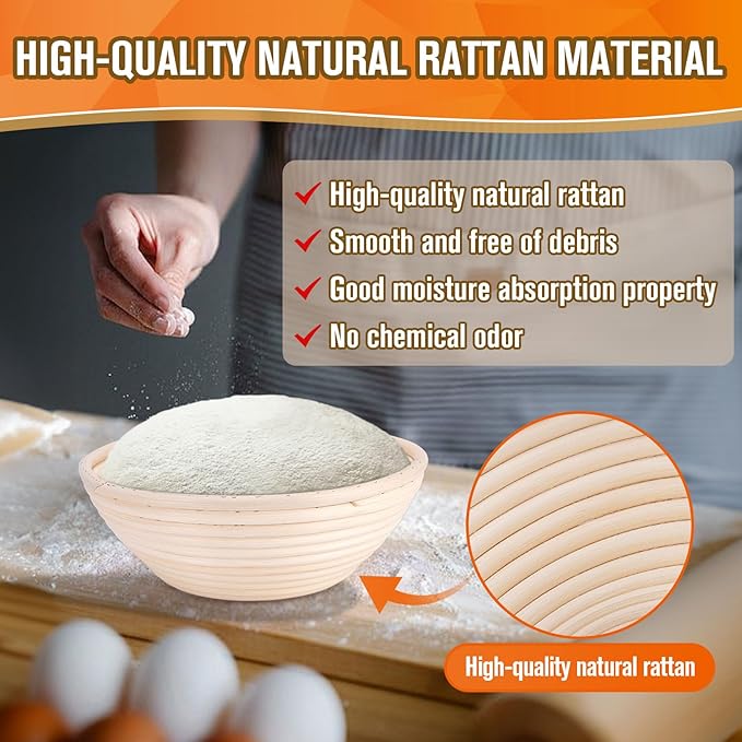 Banneton Bread Proofing Basket, Sourdough Banneton Basket, 9 inch Round Banton Proofing Baskets with Liners, Proofing Baskets for Sourdough Bread Baking Supplies(4 Pack)