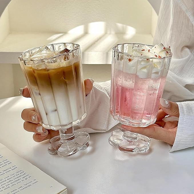 Footed Ice Cream Cups Drinking Glasses Set of 2 (Transparent), Flower Petal Style Glass Goblet, Suitable for Juice, Ice cream, Cocktails, Dessert & More.