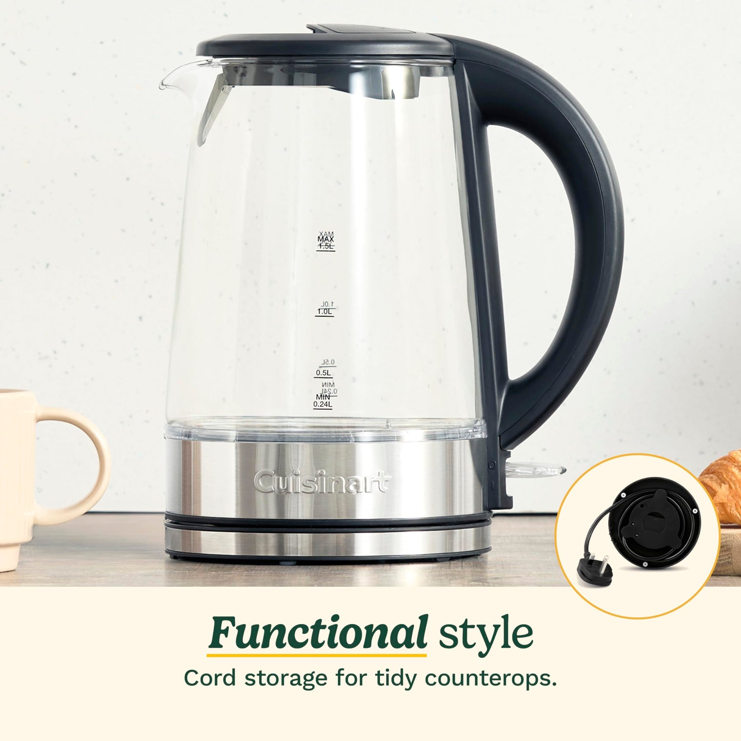 Cuisinart 1.5L Glass Kettle, Illumination, BPA-Free, Easy-Pour Nondrip Spout, Hinged Lid Opening