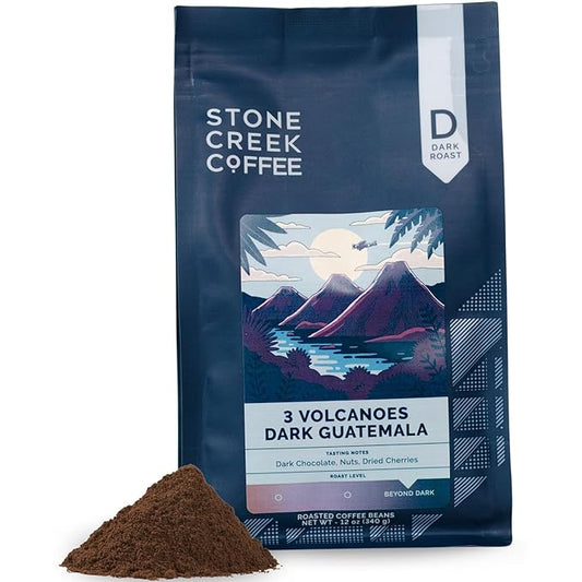 Stone Creek Coffee Dark Roast Ground Coffee ??12 Ounce (Pack of 1) ??Smooth and Chocolatey Fresh Roasted Coffee Beans with Rich and Fruity Tasting Notes, 3 Volcanoes Dark Guatemala