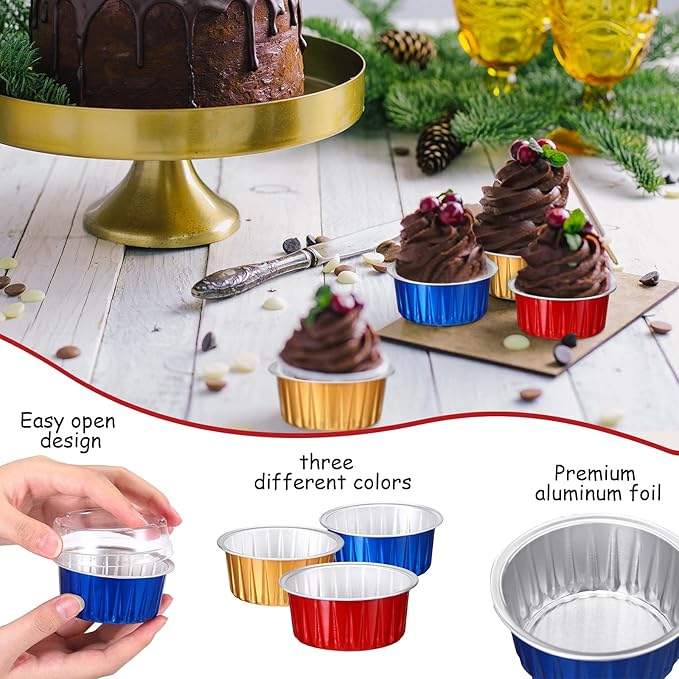 150 Pcs Cupcake Liners with Lids 5 oz Aluminum Foil Cupcake Baking Cups Disposable Ramekins Muffin Cups Mini Aluminum Pans with Lids Holder for Creme Brulee(Gold, Red, Royal Blue)