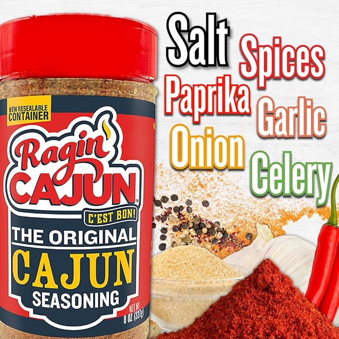 Original Cajun Seasoning - 8 oz, Less Salt, Low Sodium, No MSG, All Natural - Authentic Louisiana Spice for Grilling and Cooking Fish, Chicken, Steak, Soup, Seafood & Gumbo by Ragin' Cajun