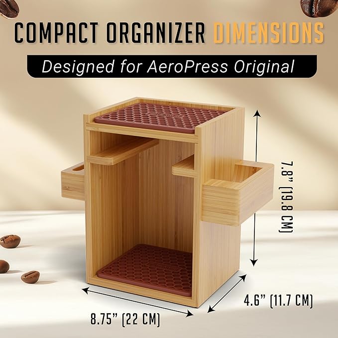 HEXNUB ??Compact AeroPress Organizer Stand, Bamboo Coffee Caddy for AeroPress Coffee Maker, Accessories, Filters, Cups, Includes Mats - Brown