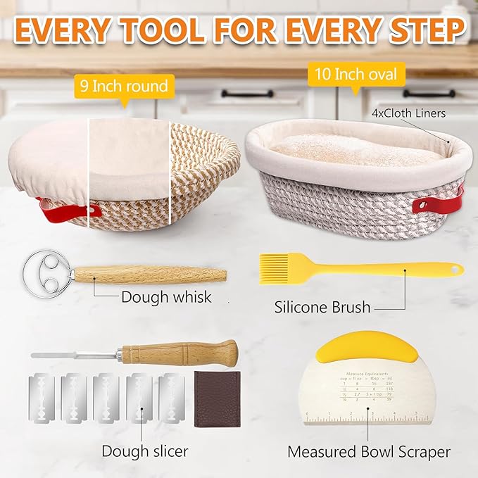 Banneton Bread Proofing Basket Set, Oval & Round Bread Baskets with Liners & Covers for Artisan Bread Baking, Sourdough Starter Kit, Sourdough Bread Baking Supplies