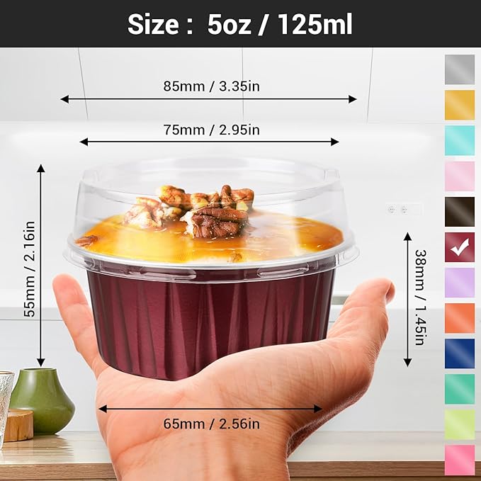 EUSOAR Disposable Creme Brulee Ramekins, 30pcs 5oz Disposable Aluminum Foil Cupcake Liners Ramekins Baking Cups, Dessert Cups with Lids Mini Aluminum Cheesecake Bundt Cake Pan-Wine Red