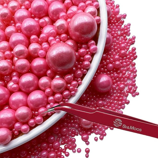 SE Si&Moos Hot Pink Edible Pearls Pink Pearl Sprinklesfor Cake Decorating Edible Cake Sugar Pearls Halloween Christmas Cookie Decorations Edible Cake Decorations for Cakes,Cupcakes Toppers 3.5 OZ with Tweezers