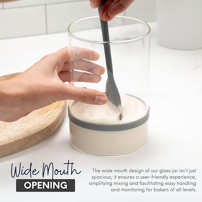 Alvina Collection Sourdough Starter Jar Kit (34 oz) - Large Sourdough Glass Jar w/SS Steel Lid, Spatula & Tracker Band - Dishwasher Safe, Wide Mouth Sourdough - Ideal Sourdough Starter Kit Beginners