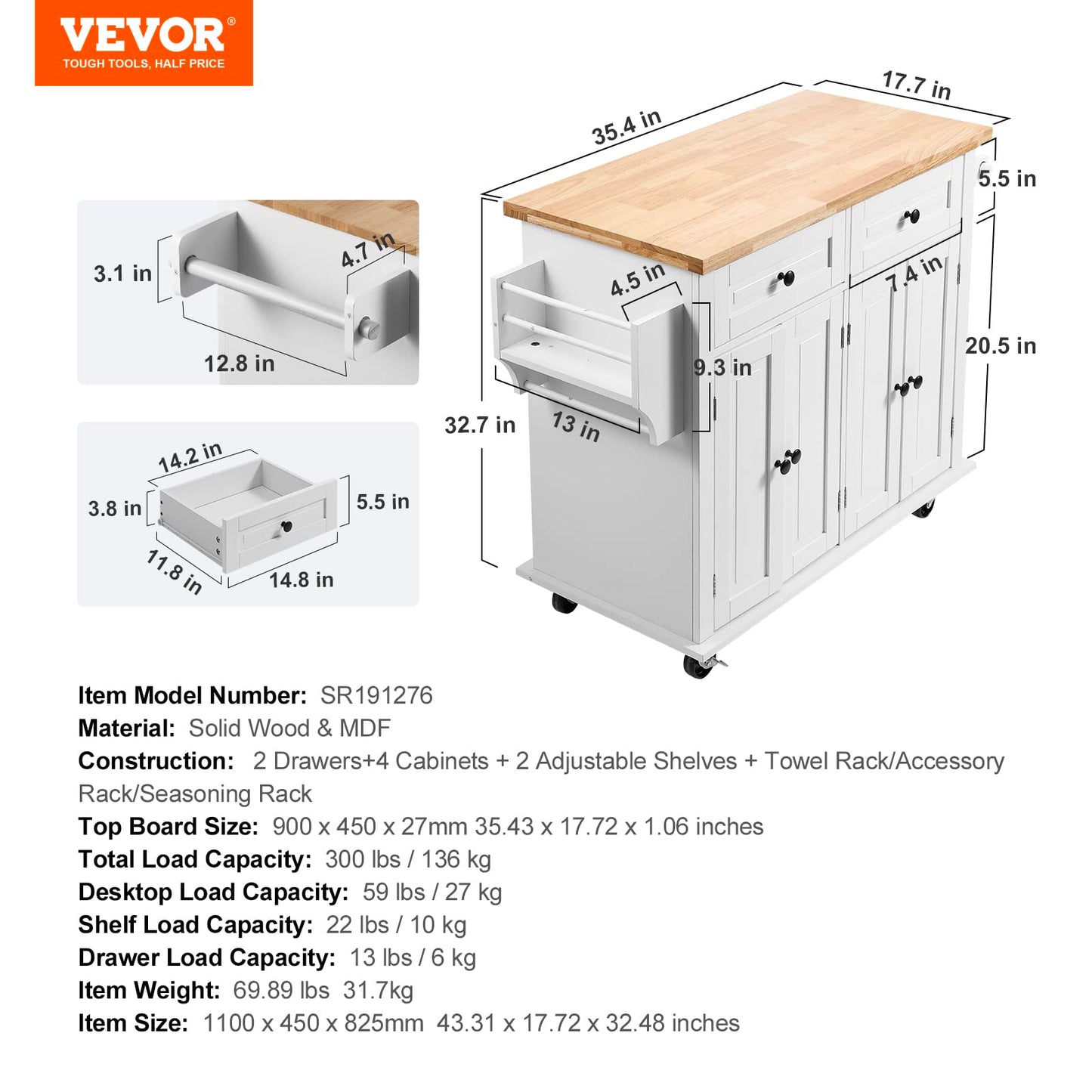 VEVOR Kitchen Island Cart with Solid Wood Top, 35.4" Width Mobile Carts with Storage Cabinet