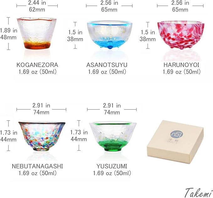Japanese drinkware gift Handcrafted Mini Glass Set Elegant Japanese Sake Cups Perfect for Any Occasion Made in Japan (Five Elegant Hues (5 pcs), Sake Glass (1.69 fl oz))
