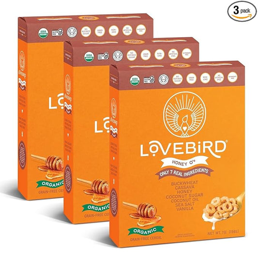 Lovebird Organic Gluten Free Cereal, Honey Flavor ??Prebiotic Fiber, Gut Health, Low Sugar, Grain Free, Breakfast or Snack ??Healthy Cereal Made With Real Food, 3 Pack, Kids & Adults