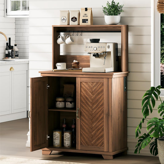 JOINICE Coffee Bar Cabinet with Storage and Charging Station,Walnut