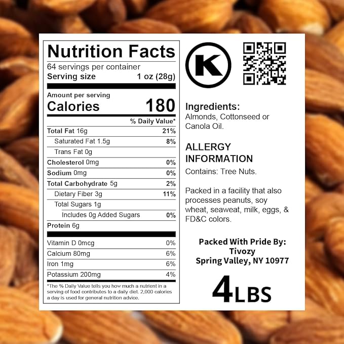 Almonds Roasted Unsalted - Fresh and Delicious Guilt Free Healthy Keto Snack Whole Unsalted Nuts Packed in Resealable Bag, Low Calories, Vegan, Gluten-Free, 4lbs