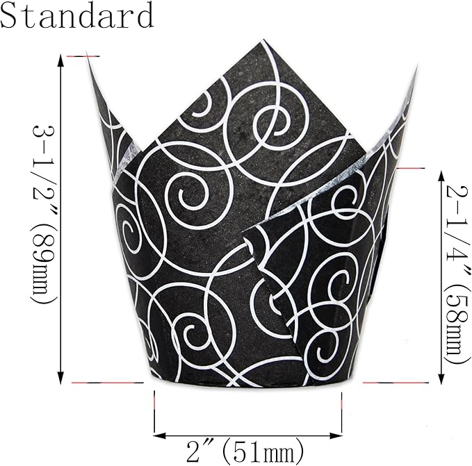 Muffin Greaseproof paper Baking cupcake cups, 2"(Bottom diameter) x 3-1/2"(Height) Black Fancy Floral Print Tulip Baking Cup Case of 125 pcs (125, Standard)