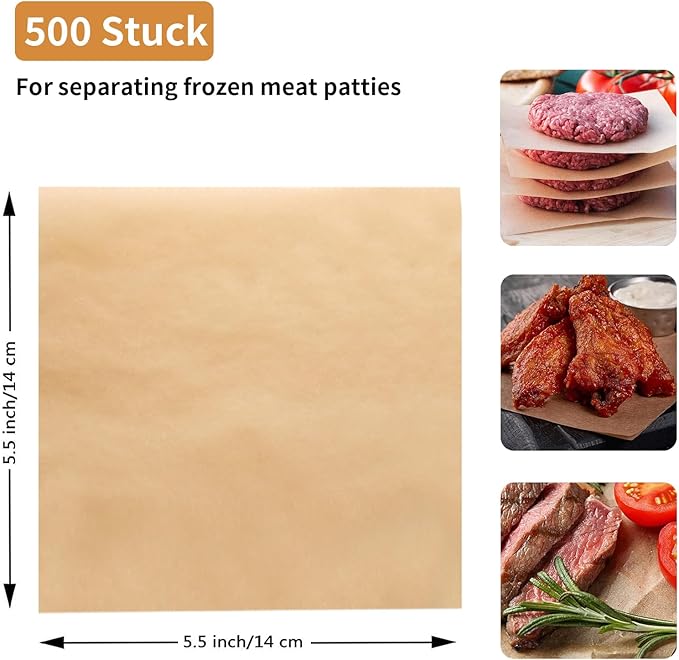 Hamburger Patty Paper Squares - burger paper 500 pieces, 5.5x5.5 in baking paper for burger press, ideal for smash burgers, burger pattie press paper