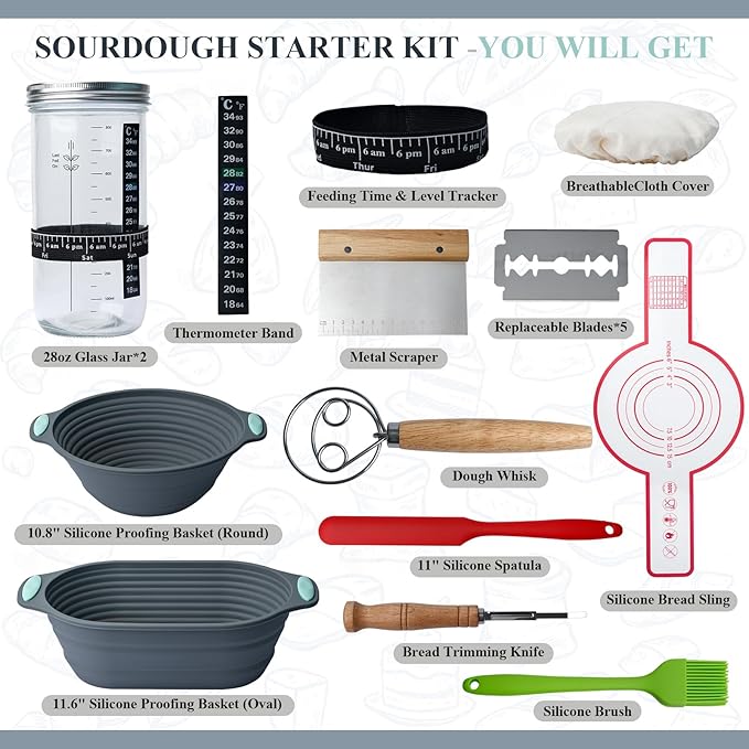Complete Sourdough Starter Kit - Sourdough Bread Baking Supplies, 2 x 34oz Glass Jars, Silicone Proofing Baskets (Oval 11.6" & Round 10.8"), Ideal Gift for Home Bakers, Women, Moms & Baking