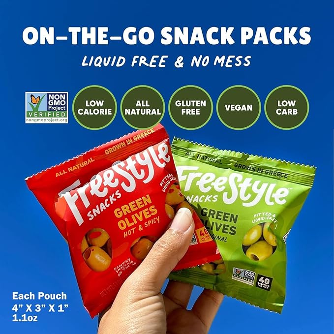 Freestyle Snacks Olive Snack Packs - Bulk Party Pack - Fresh Pitted, Jumbo Kalamata Olives, Grown in Greece, All Natural, Non-GMO, Paleo, Sugar-Free, Keto - Kalamata, 1.1oz Single Serves, 120-Pack