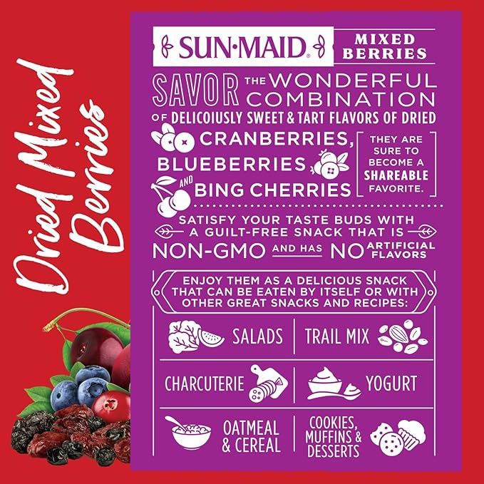 Sun-Maid Dried Mixed Berries - 15 oz Resealable Bag - Dried Cranberries, Cherries, Blueberries - Dried Fruit for School Snacks and Natural Sweeteners