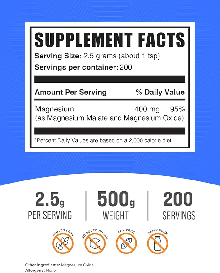 BulkSupplements.com Magnesium Malate Powder - Magnesium Supplements, High Bioavailabilty - Unflavored & Gluten Free, 2.5g per Serving, 500g (1.1 lbs) (Pack of 1)