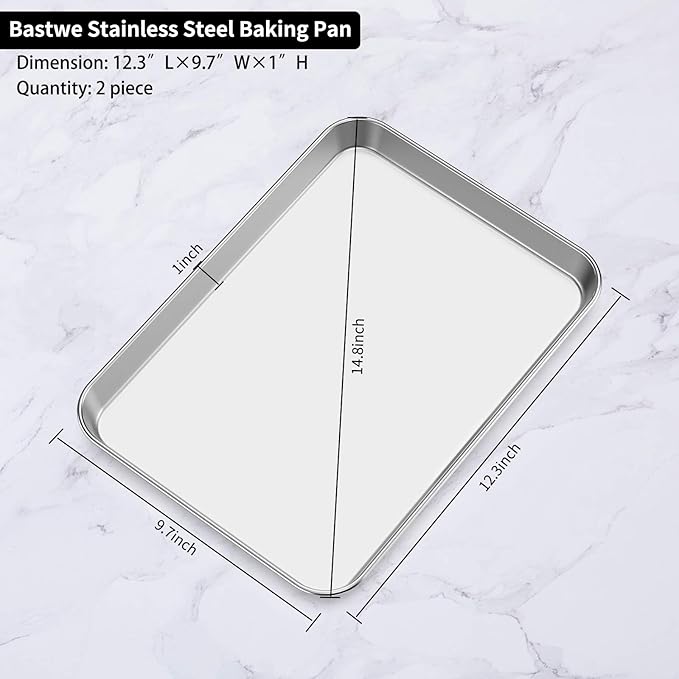 Baking Sheets 2 Pieces, Bastwe Cookie Sheets Set Stainless Steel Baking Pans Toaster Oven Tray Pans, Rectangle Size 12 × 10 × 1 inch, Rustproof & Healthy & Easy Clean & Dishwasher Safe