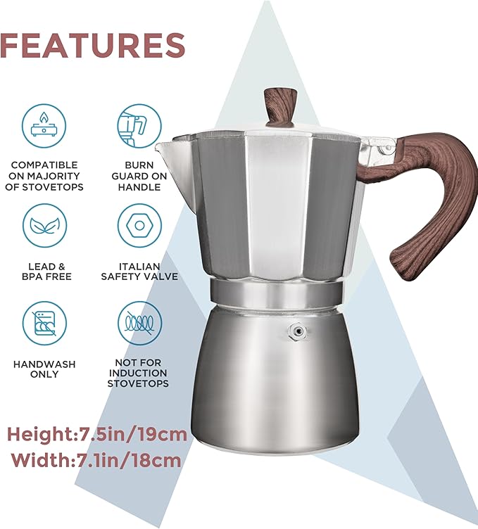 AGOGO Milano Moka Pot, Stovetop Espresso Maker, Greca, Coffee Percolator, Turkish Coffee Maker with Paper Filter 6 Cup Original Silver