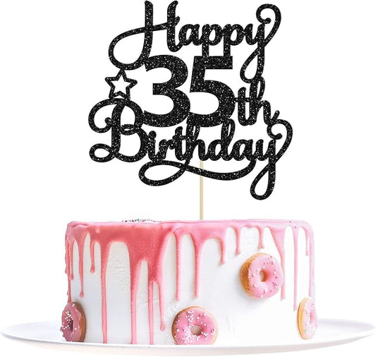 1 Pack Happy 35th Birthday Cake Topper Black Glitter 35 & Fabulous Cheers to 35 Years Old Birthday Cake Pick for Celebrating 35th Birthday Anniversary Party Cake Decorations Supplies