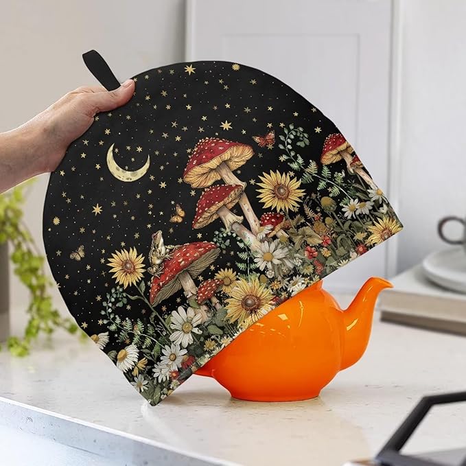 Mushrooms Moon Tea Cozy for Teapot Christmas Tea Cosy Dome Teapot Cover with Handle Dust Cover Kitchen Kettle Dust Cover Can Hung and Folded Decorative Kitchen for Easter竊뉰lack竊?"<div>