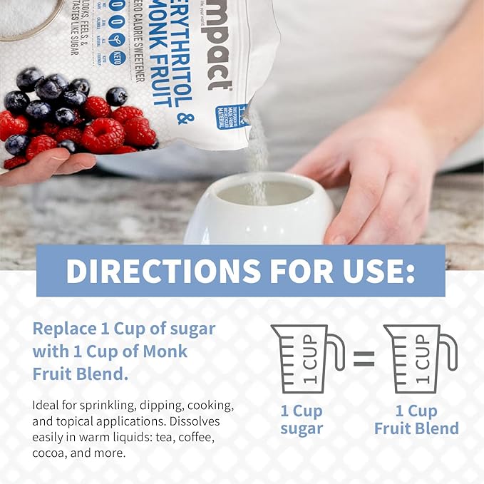 Impact White Monk Fruit & Erythritol Sweetener Blend - Gluten Free, Zero Calories, Net Carbs, Keto, Vegan, Non-GMO - 1 is to 1 Sugar Substitute - 4lbs