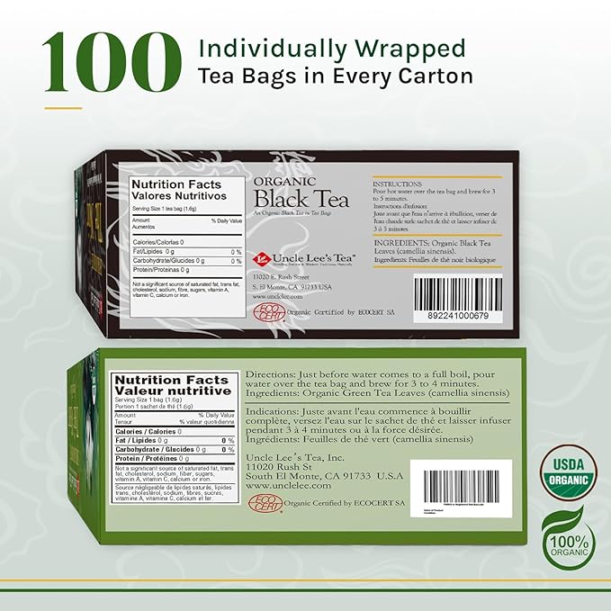 Uncle Lee's Organic Black and Green Tea Variety 2-Pack ??Premium Organic Tea, Antioxidant-Rich, Bold and Refreshing, Delicious Hot or Iced, 100 Count Ea
