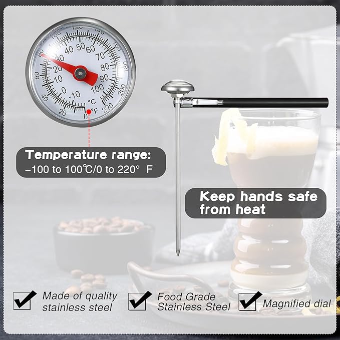 Xuhal 6 Pcs Stainless Steel Kitchen Thermometer with 5 Inch Long Stem 1 Inch Dial Thermometer Milk Frothing Food for Oven Probe Meat Grill BBQ Cooking Chocolate Water(Black)