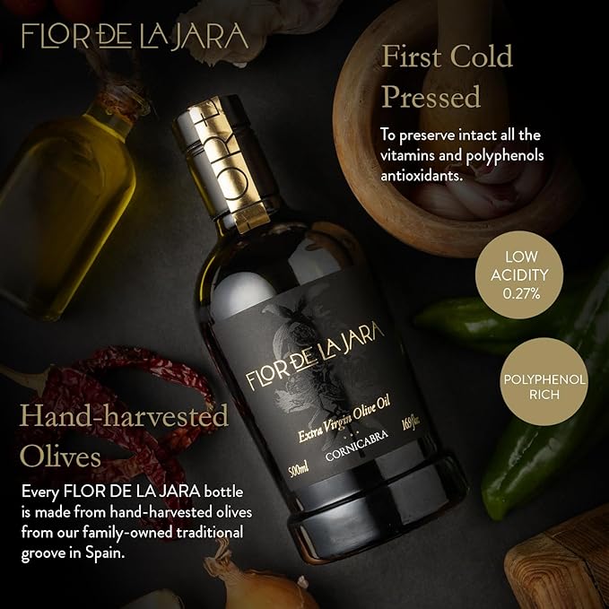 FLOR DE LA JARA Premium Extra Virgin Olive Oil from Spain, First Cold Pressed, Polyphenol-Rich, Monovarietal Cornicabra, Hand-Harvested Olives, Family-Owned Grove, Low Acidity (0.27%), 16.9 fl oz (500ml)