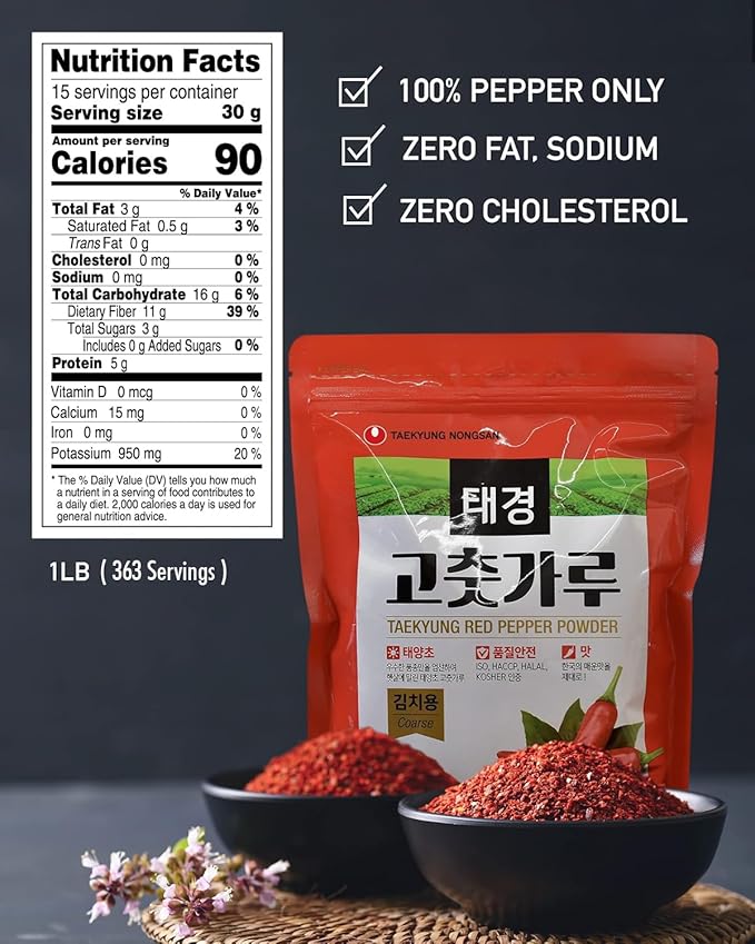 NONGSHIM TAEKYUNG Korean Chili Powder, Gochugaru Chili Flakes. Kimchi Powder (Flake, 1lb) - 100% Red Pepper Flakes for Korean & Asian Food. MSG Free.