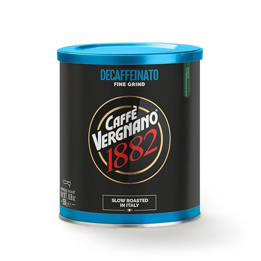 Caffì±?Vergnano Italian Finely Ground Decaf Coffee ??100% Arabica for Moka, Intensity Level 6 ??Rich, Full Flavor Without Caffeine, Notes of Dried Fruit, Cocoa & Caramel - 8.82 oz Tin