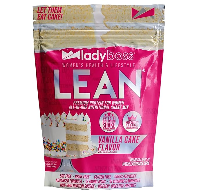 LadyBoss Lean Protein Shake Vanilla Cake Flavor - Meal Replacement & Craving Support with Grass-Fed Whey, 18 Vitamins & Nutrients - 30 Servings